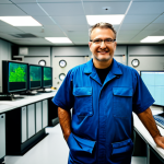**

"A professional male engineer in his 40s, wearing a modest work uniform, standing confidently inside a modern nuclear power plant control room, surrounded by monitors and colleagues, fully clothed, appropriate attire, safe for work, perfect anatomy, natural proportions, professional photograph, family-friendly, high quality, demonstrating teamwork and a positive atmosphere."

**