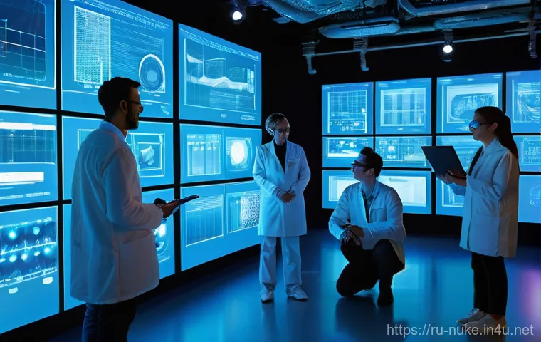 원자력 엔지니어의 실험 설계 팁 - **Prompt:** A diverse team of male and female engineers and scientists, dressed in clean, modern lab...