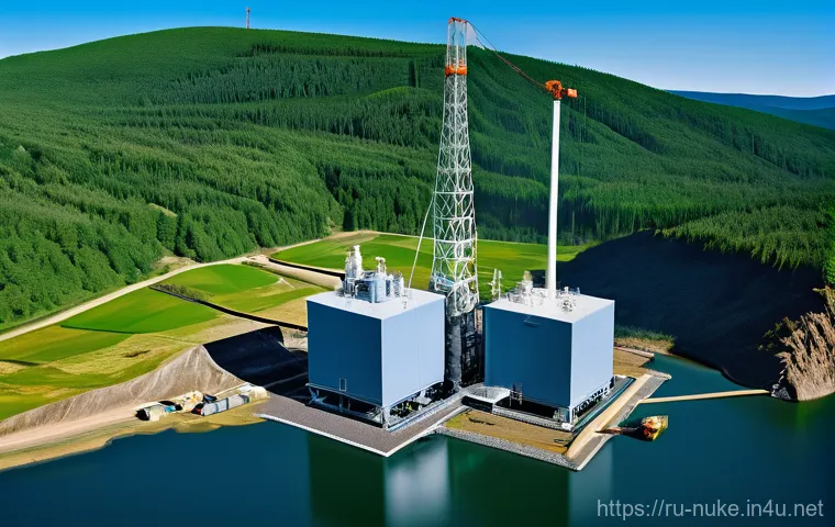 원자력 발전소의 최신 시공 기술 - **Image Prompt: Small Modular Reactor (SMR) Deployment in a Remote, Clean Landscape**
    "A photore...