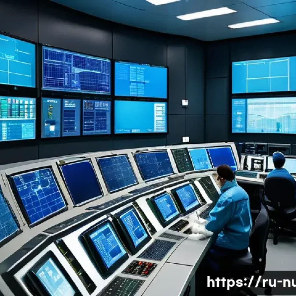 원자력 발전소 주요 중점 과목 정리 - A detailed cross-sectional illustration of a modern nuclear power plant control room in Russia, show...