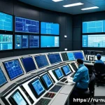 Home 21 원자력 발전소 주요 중점 과목 정리 - A detailed cross-sectional illustration of a modern nuclear power plant control room in Russia, show...