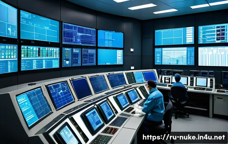 원자력 발전소 주요 중점 과목 정리 - A detailed cross-sectional illustration of a modern nuclear power plant control room in Russia, show...