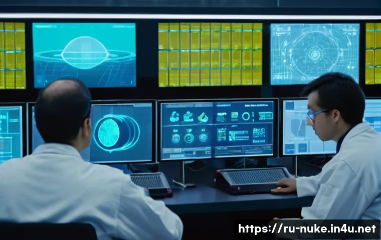 원자력 엔지니어 협동 프로젝트 사례 - A high-tech international nuclear research laboratory featuring diverse engineers and scientists fro...