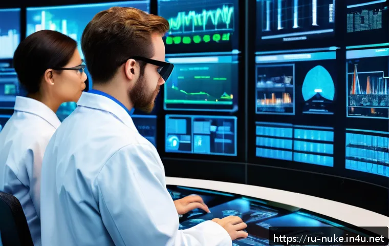 원자력 엔지니어 직업 만족도 - A highly detailed scene inside a modern nuclear engineering control room, featuring a diverse team o...