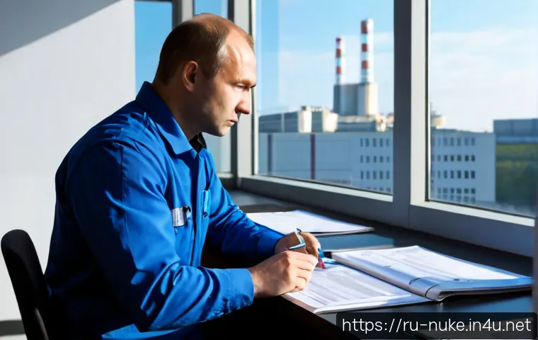 Home 17 원자력 엔지니어와 관련된 법률 조항 - Photorealistic Russian nuclear engineer in a neat office reviewing sealed regulatory folders and tec...