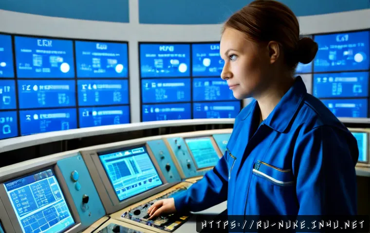 Home 17 원자력 발전과 안전관리 실무 - Photorealistic nuclear power plant control room in Russia, two experienced engineers in clean protec...